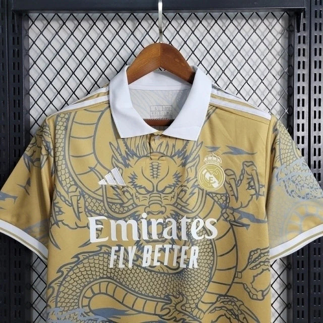 Camisa Real Madrid Edição Dragão Adidas Torcedor 2023/24 Masculino Dourado