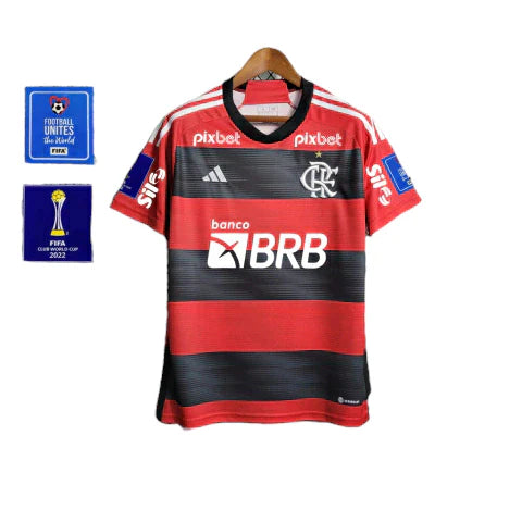 Camisa Flamengo I 23/24 Torcedor Patrocínios Adidas Masculina - Vermelho e Preto